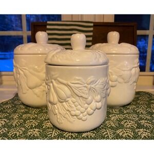 Vintage White Ceramic Fruit Embossed Canister Set 3 Lidded Jars Kitchen Storage